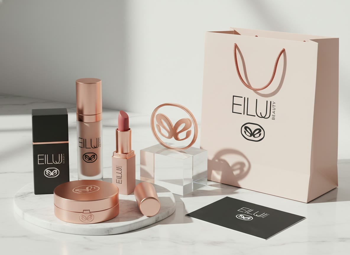 EILUJ Beauty: the rose-gold range and a pink shopping bag on marble