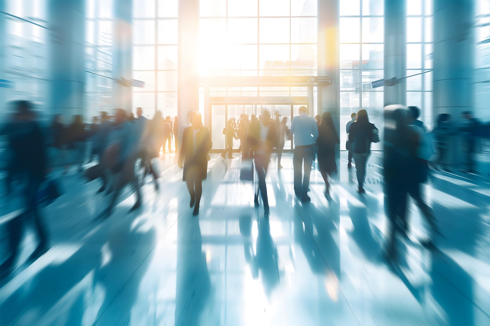 A crowd crossing a bright lobby, blurred in motion