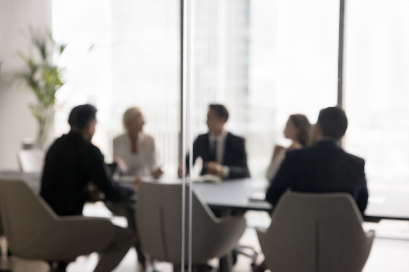 A team at a meeting table, seen against a bright window