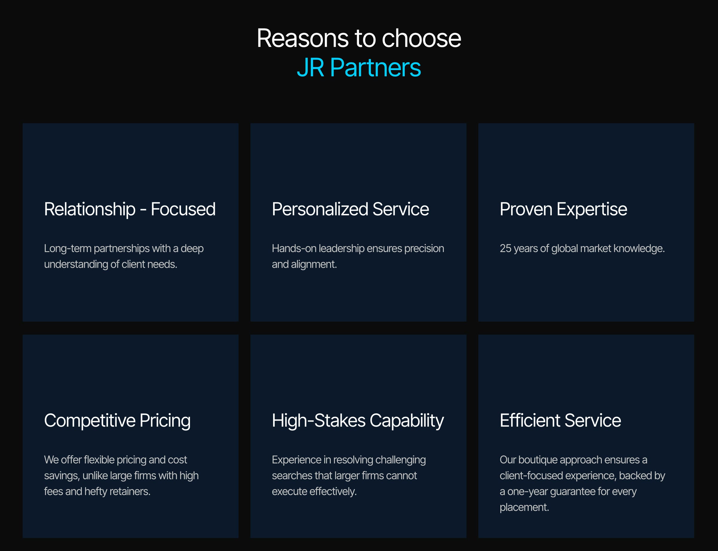 Reasons to choose JR Partners: six navy cards