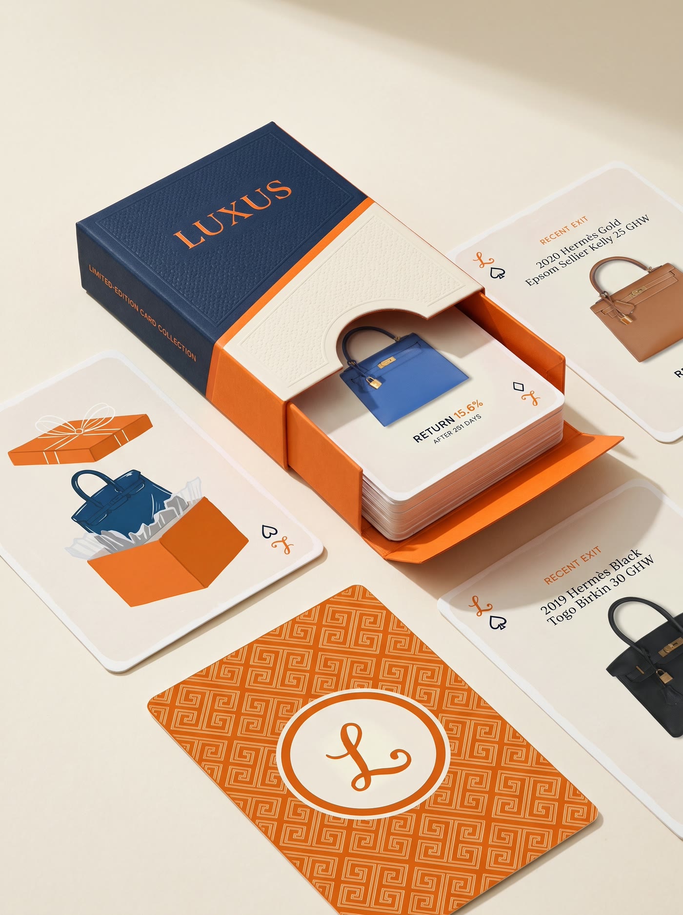 The deck of Luxus cards in its navy box