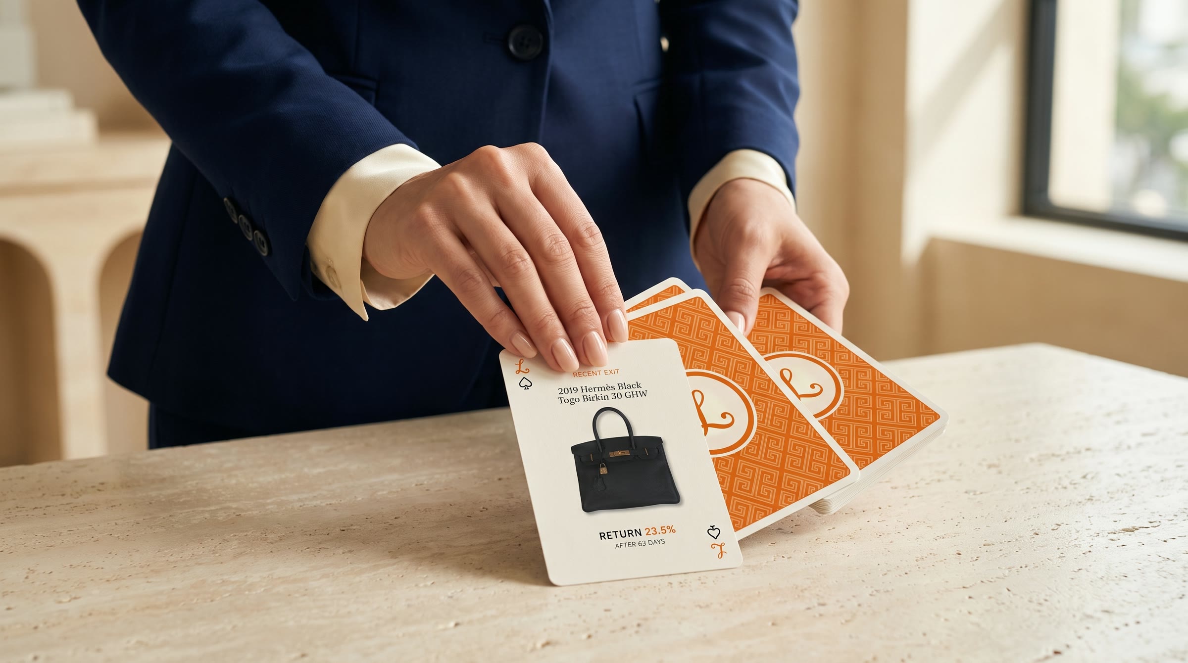 A hand in a navy suit dealing Luxus cards