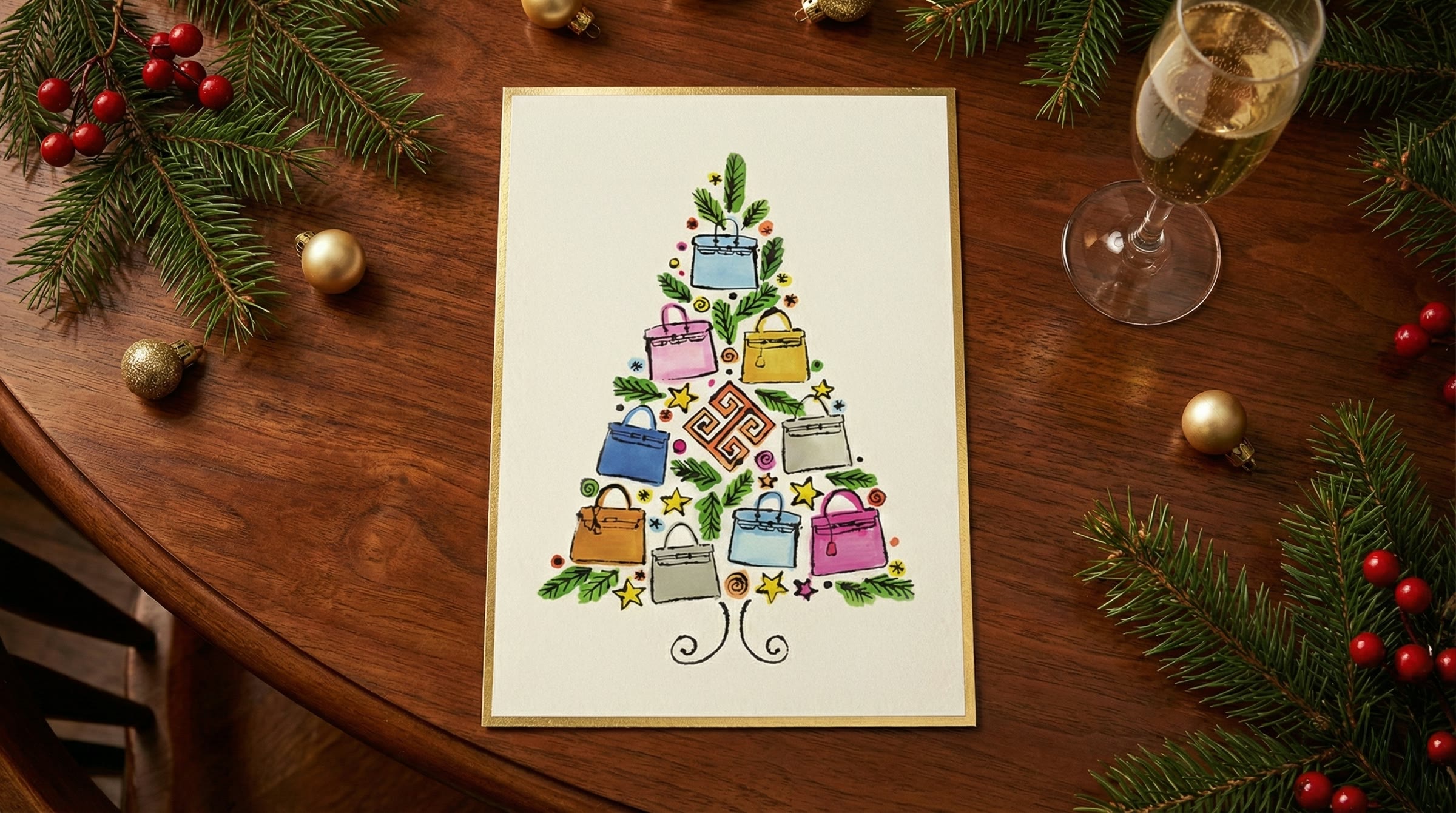 The holiday email: a card with a tree of Hermès bags on a festive table