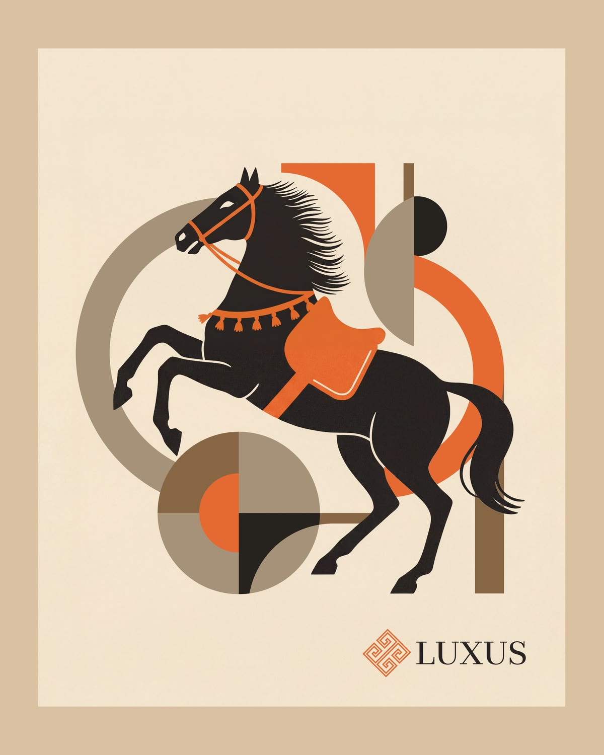 An illustration for the Year of the Horse: a black horse rearing among orange and taupe circles and arcs