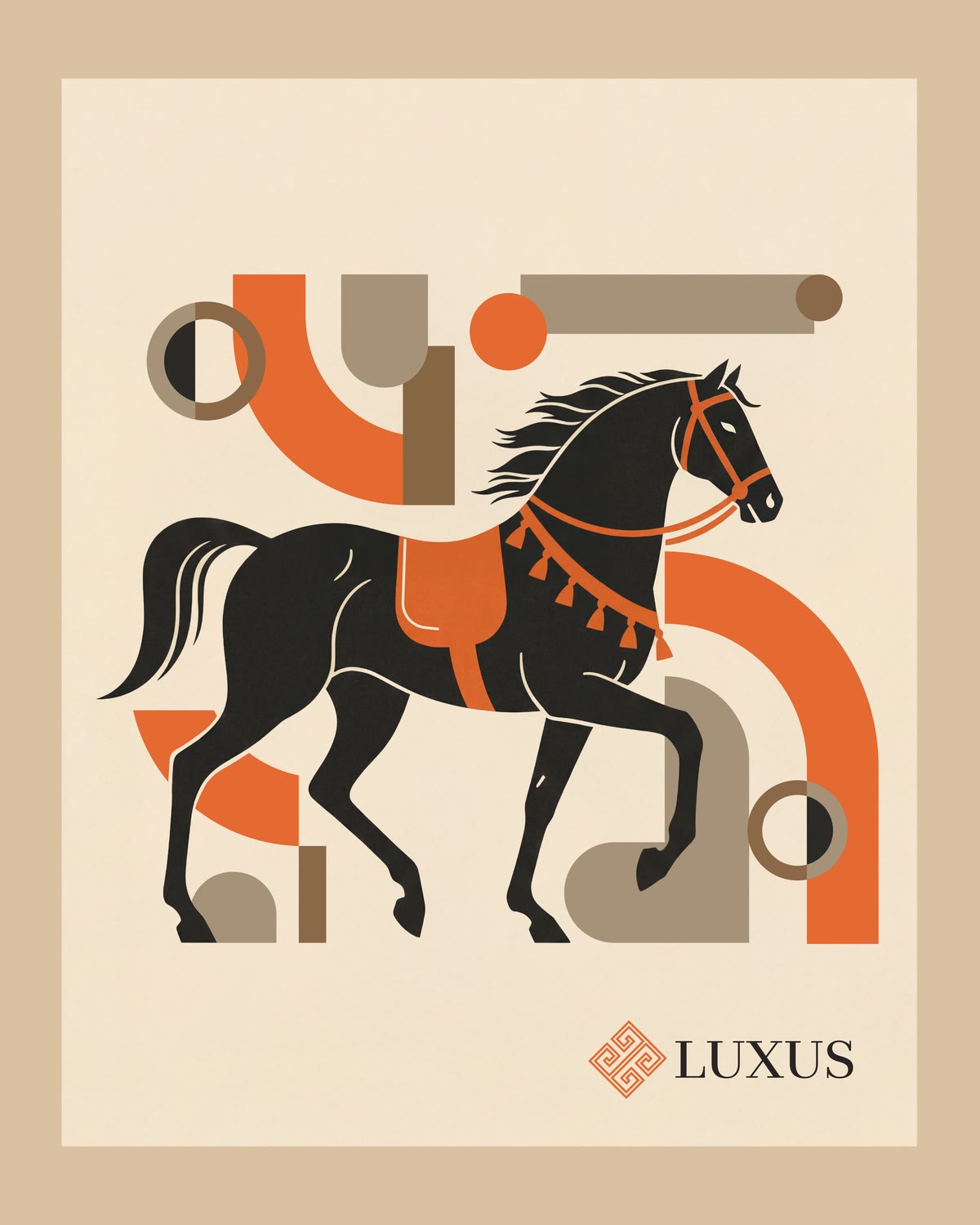 An illustration for the Year of the Horse: a black horse walking among orange and taupe shapes