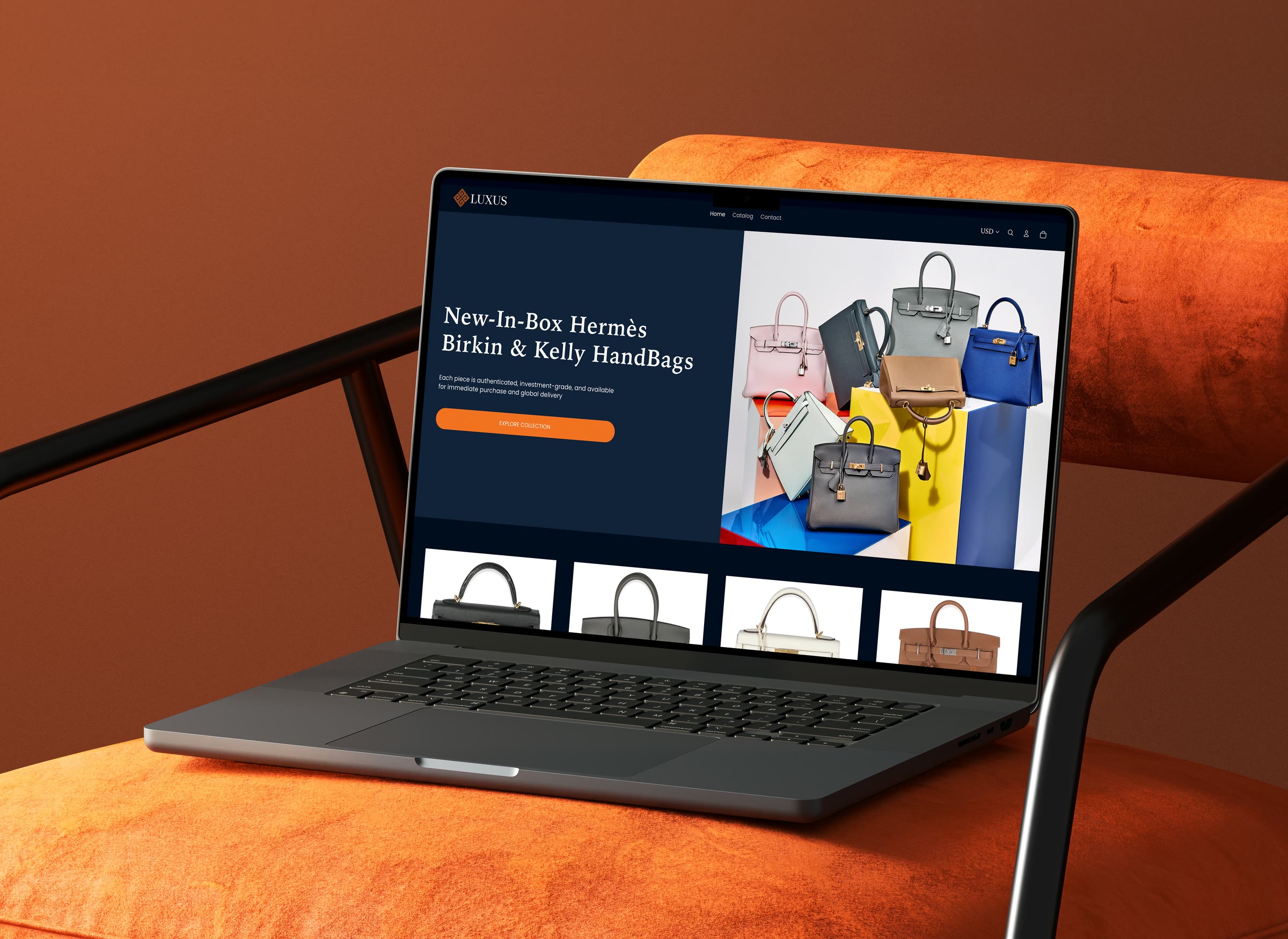 The Luxus Shopify marketplace on a laptop on an orange chair: New-in-box Hermès Birkin and Kelly handbags