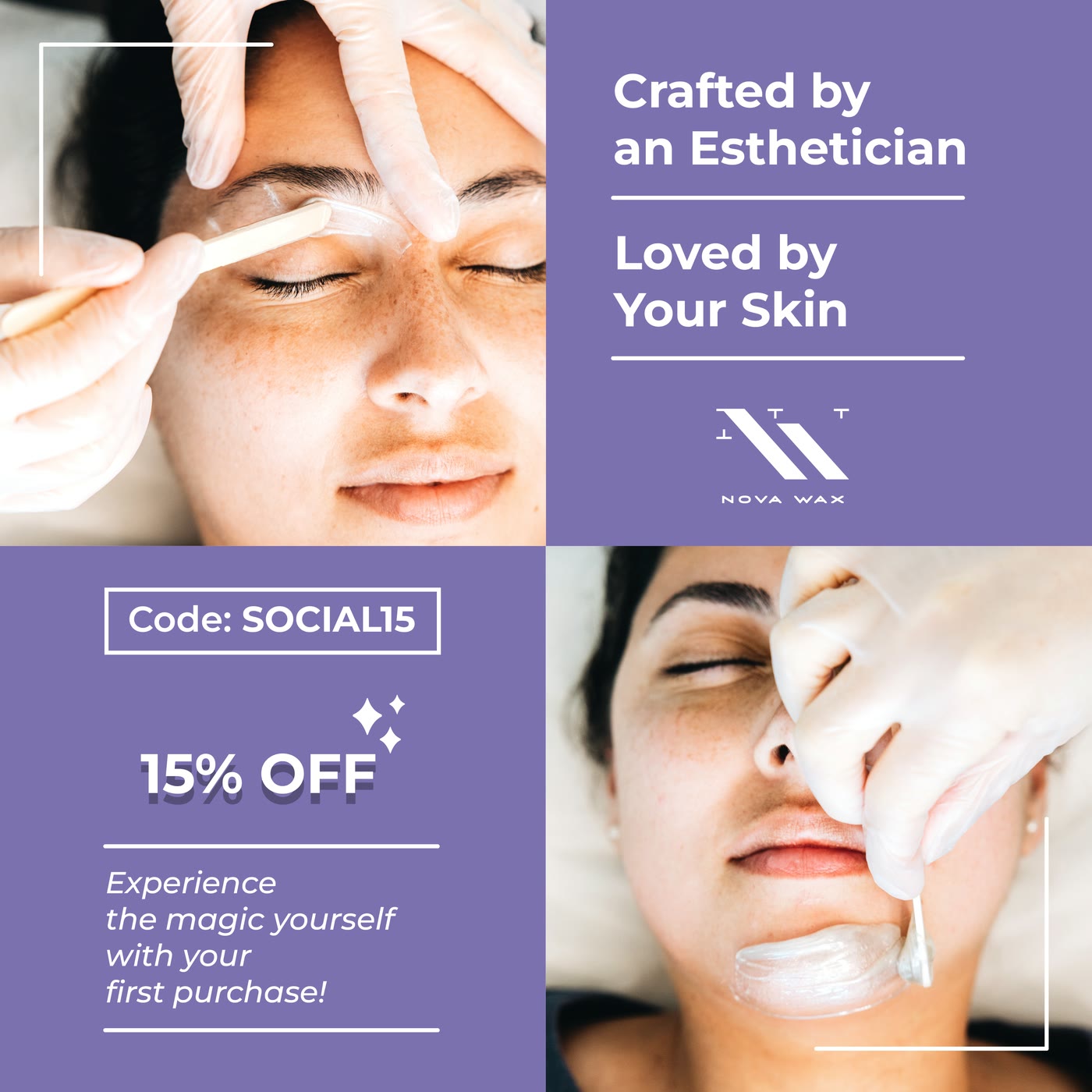 An ad: Crafted by an esthetician, loved by your skin, with photos of a facial wax