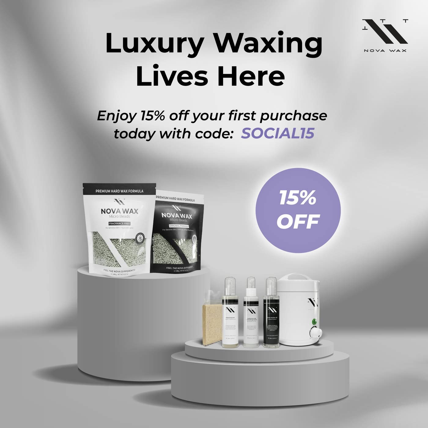 An ad: Luxury Waxing Lives Here, 15 percent off with code SOCIAL15, the products on grey plinths