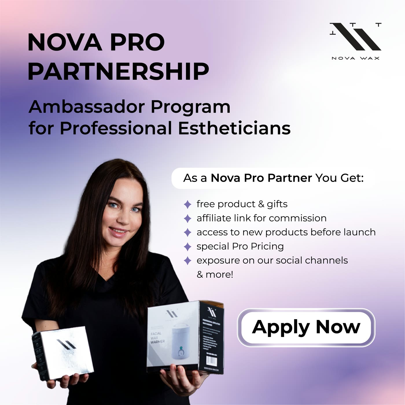 An ad: Nova Pro Partnership, an ambassador programme for professional estheticians, Apply now