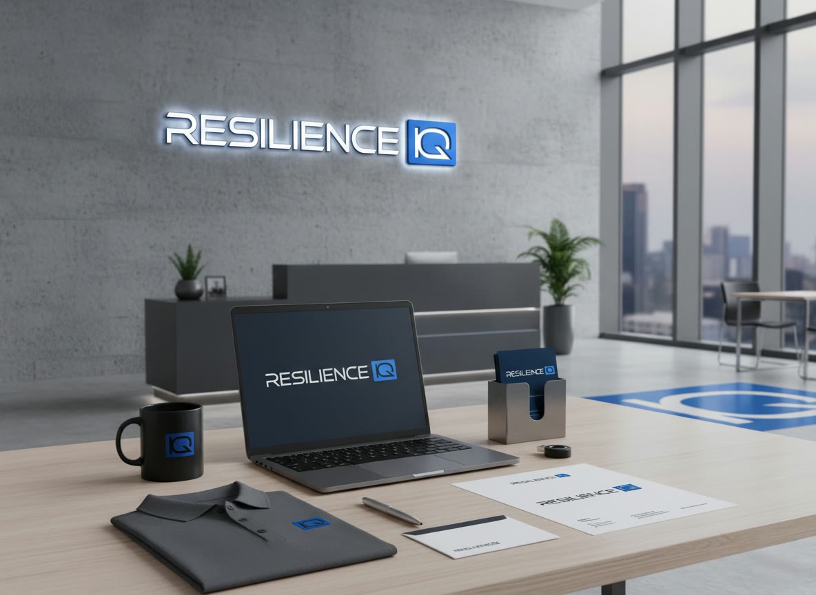 Resilience IQ: the logo on an office wall and on a laptop