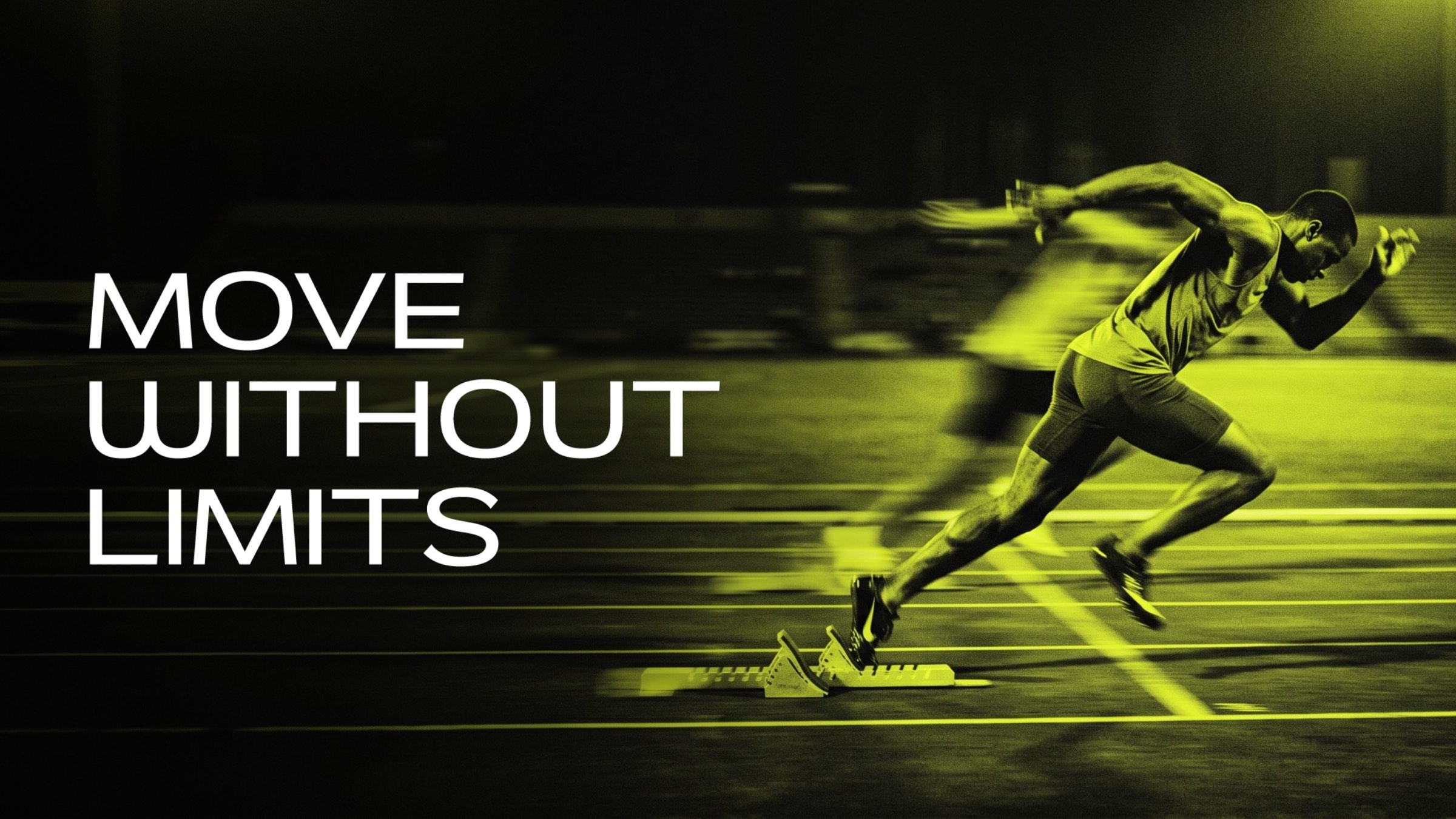 A sprinter leaving the blocks in lime and black under the words Move without limits