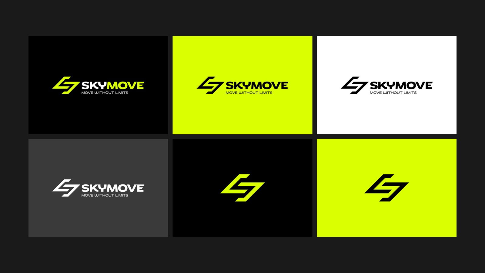 Six versions of the logo and the mark on black, lime, white and grey