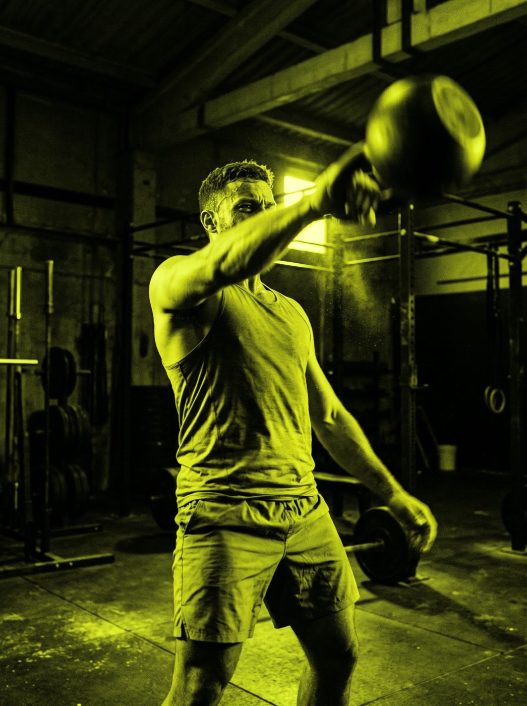 A man lifting a kettlebell in a dark gym