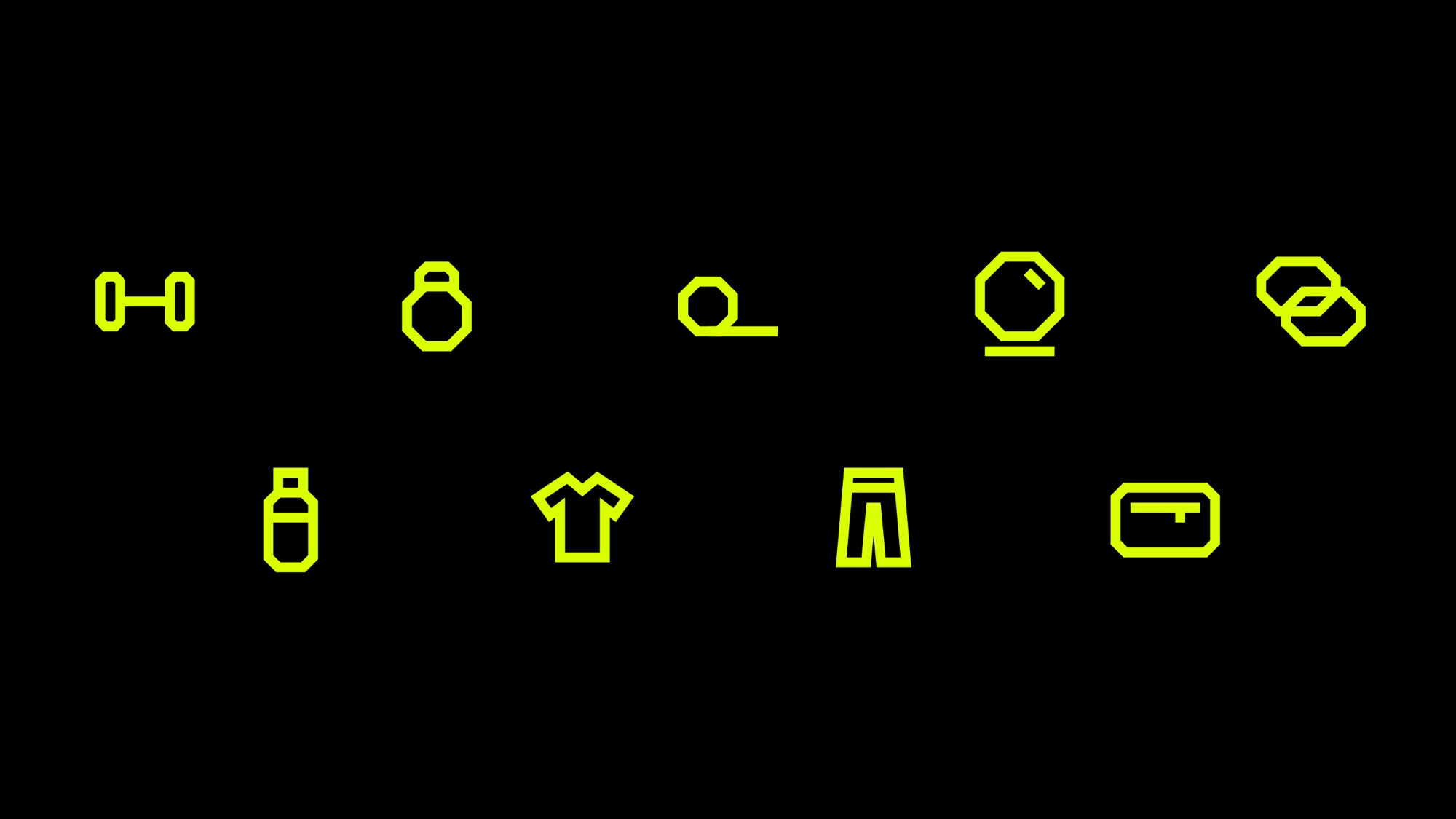 Nine category icons in lime on black