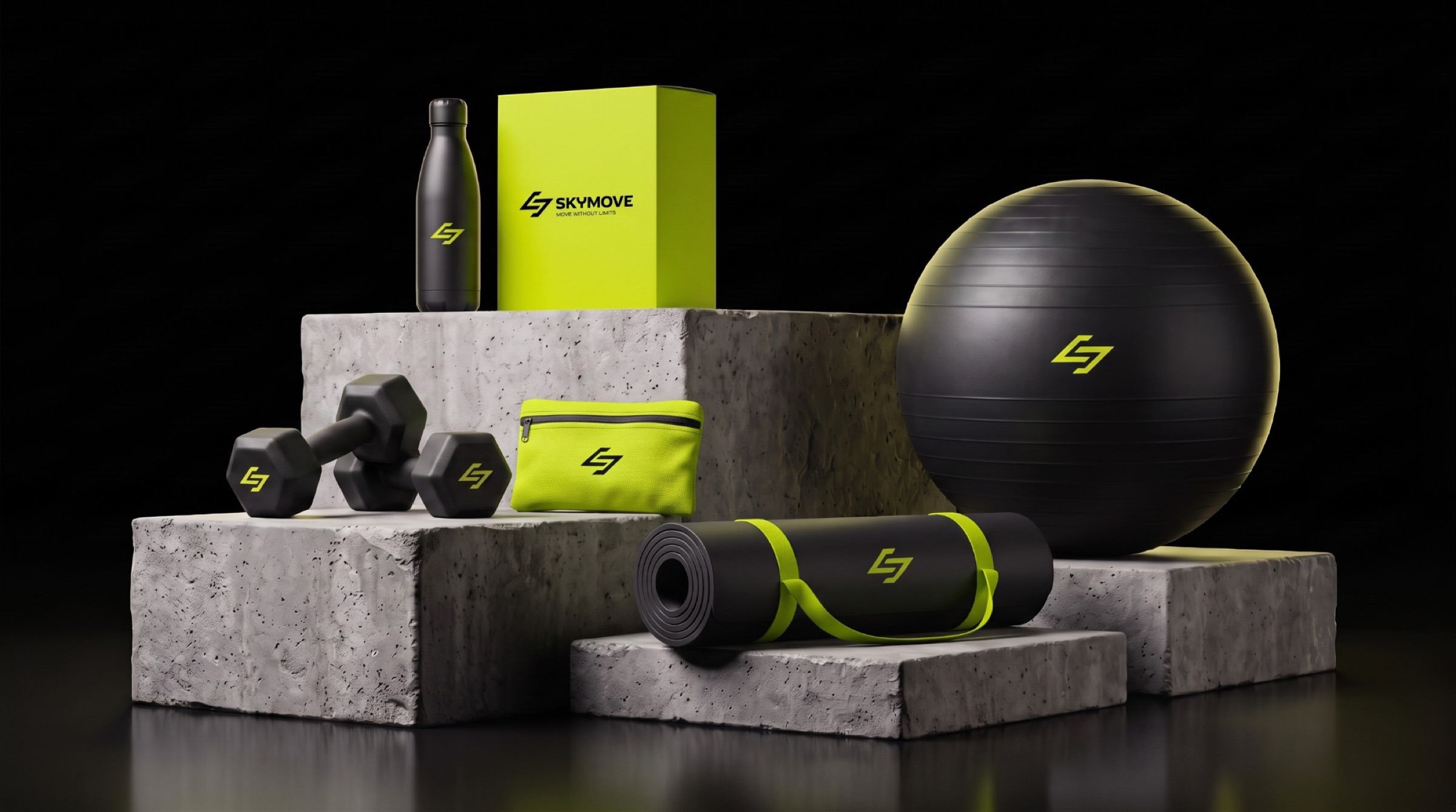 The SkyMove product set on concrete plinths: dumbbells, bottle, ball, mat, pouch and box