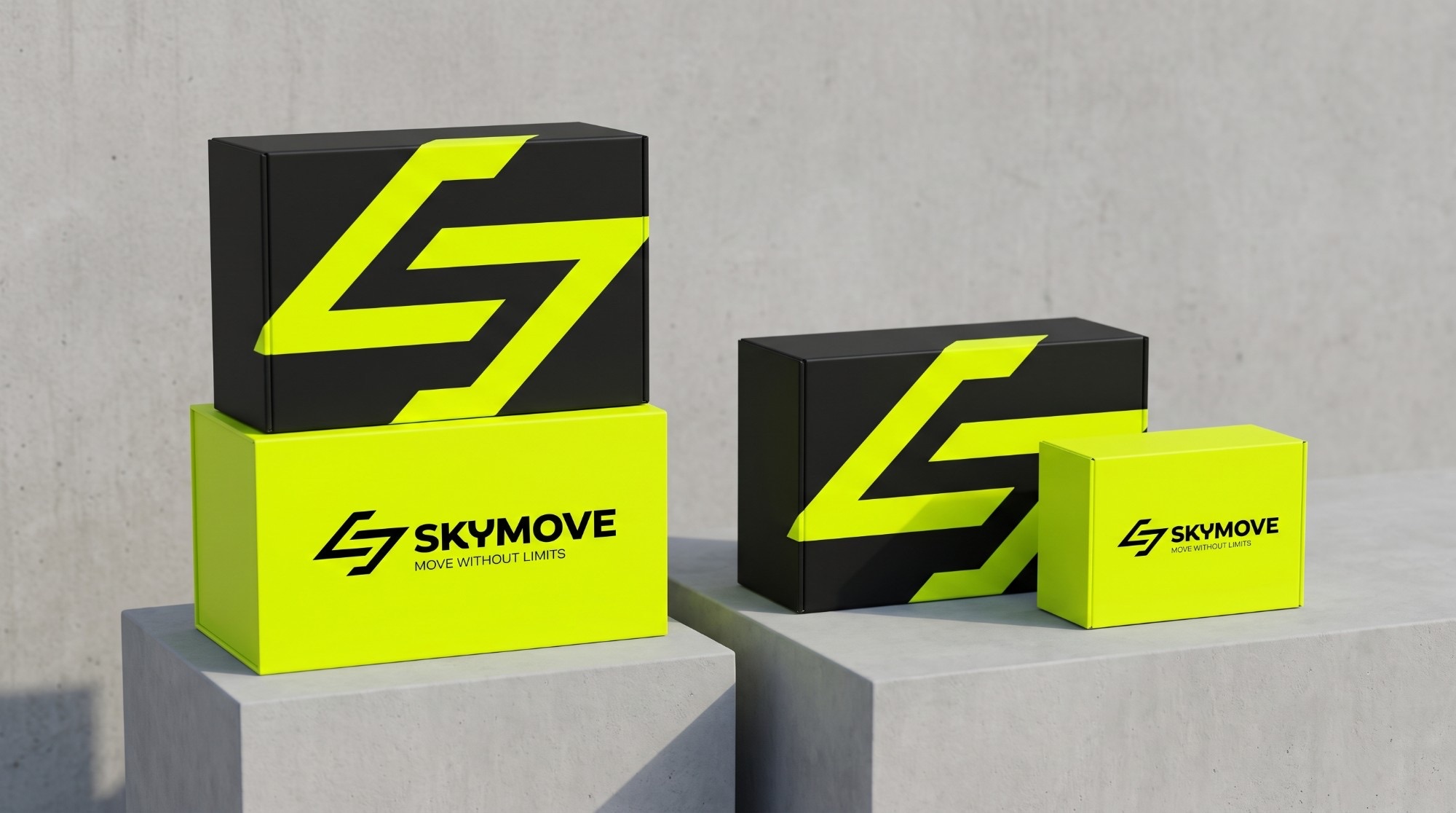 The box range in lime and black on concrete plinths