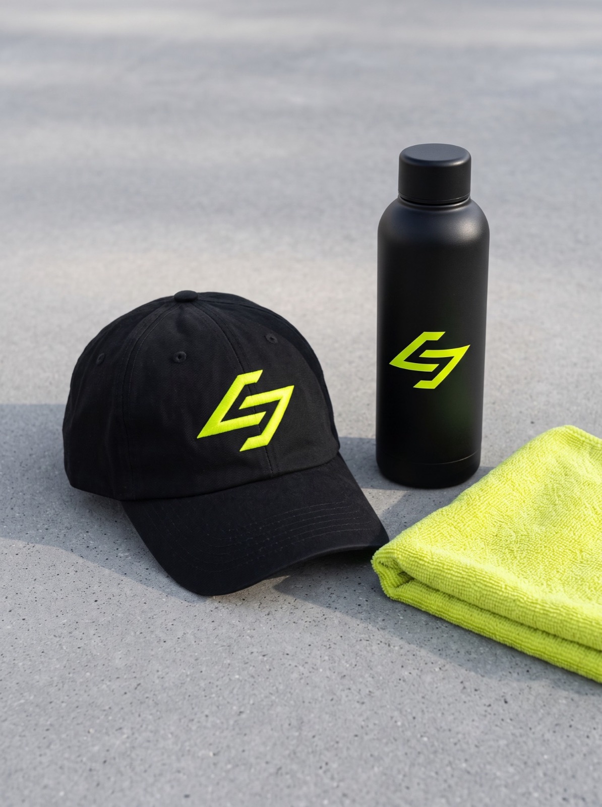 A black cap and bottle with the lime mark and a lime towel