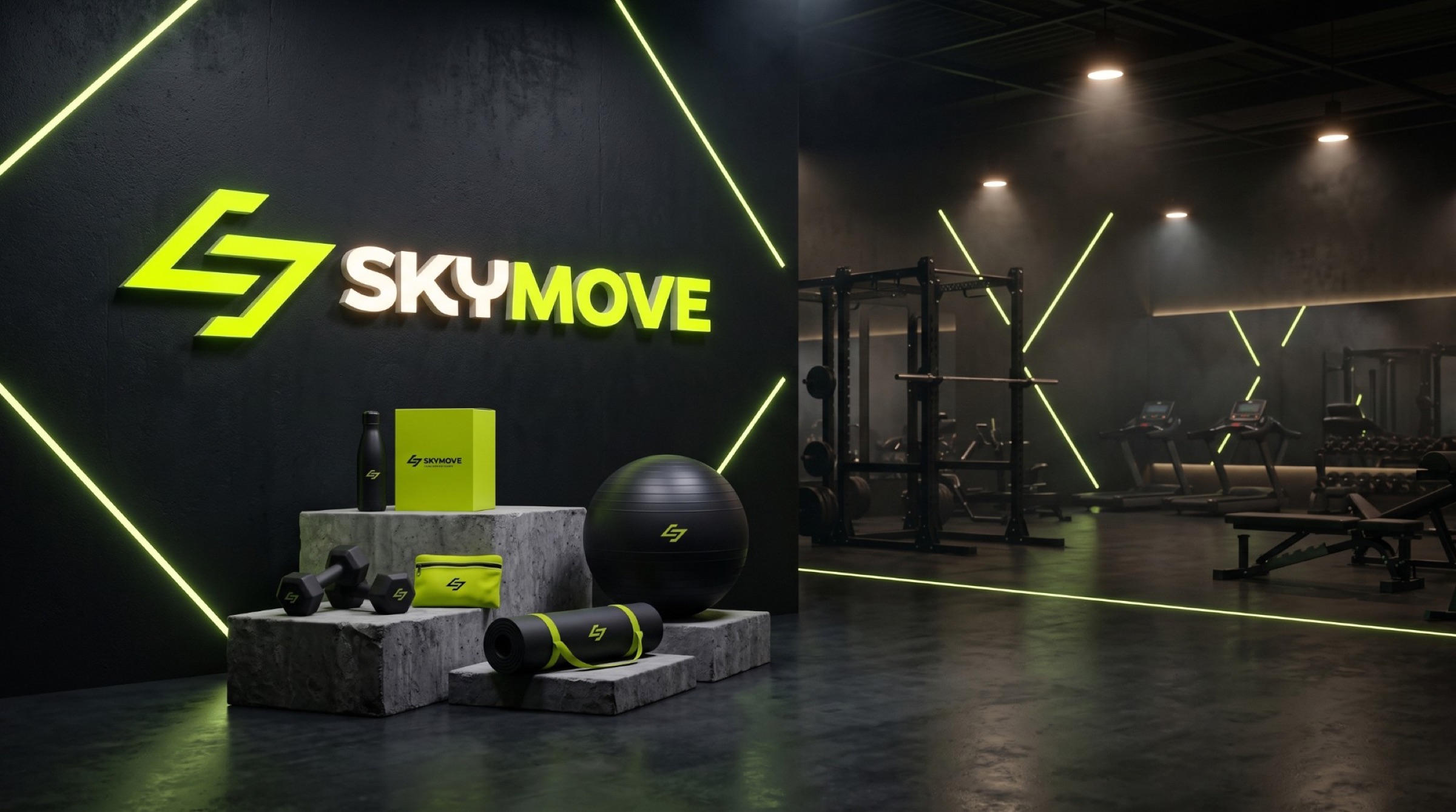 A dark gym wall with the illuminated SkyMove logo and the products below