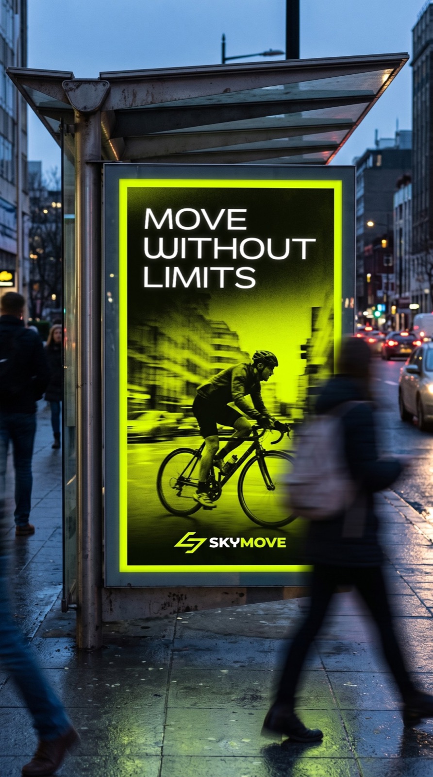 A bus stop lightbox with a cyclist and Move without limits