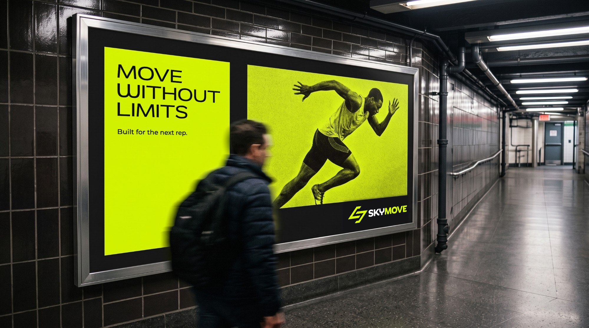 A subway poster: Move without limits on lime beside a sprinter