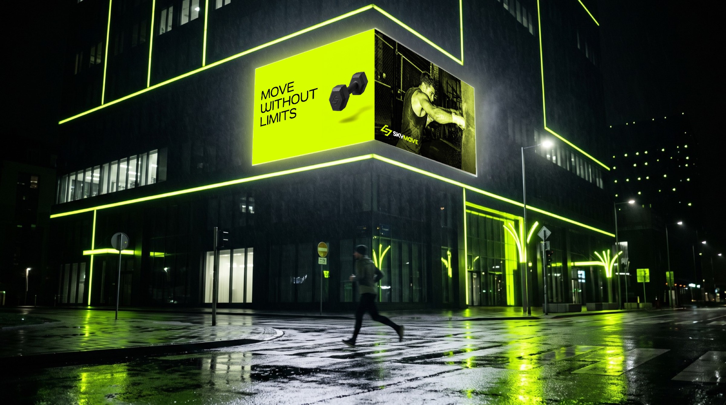A corner screen at night: Move without limits with a dumbbell on lime, and a boxer