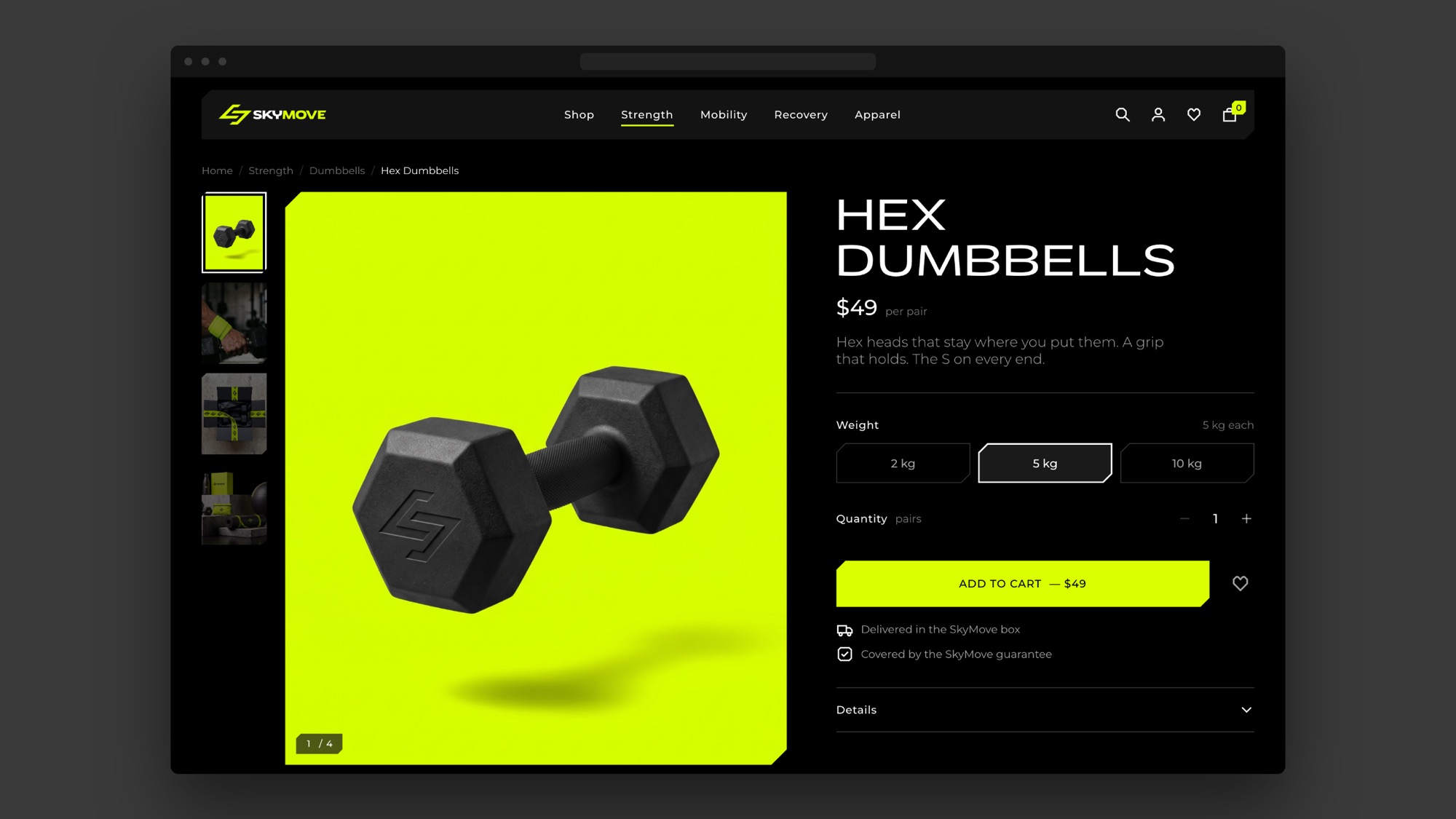 The Hex Dumbbells product page in a browser window