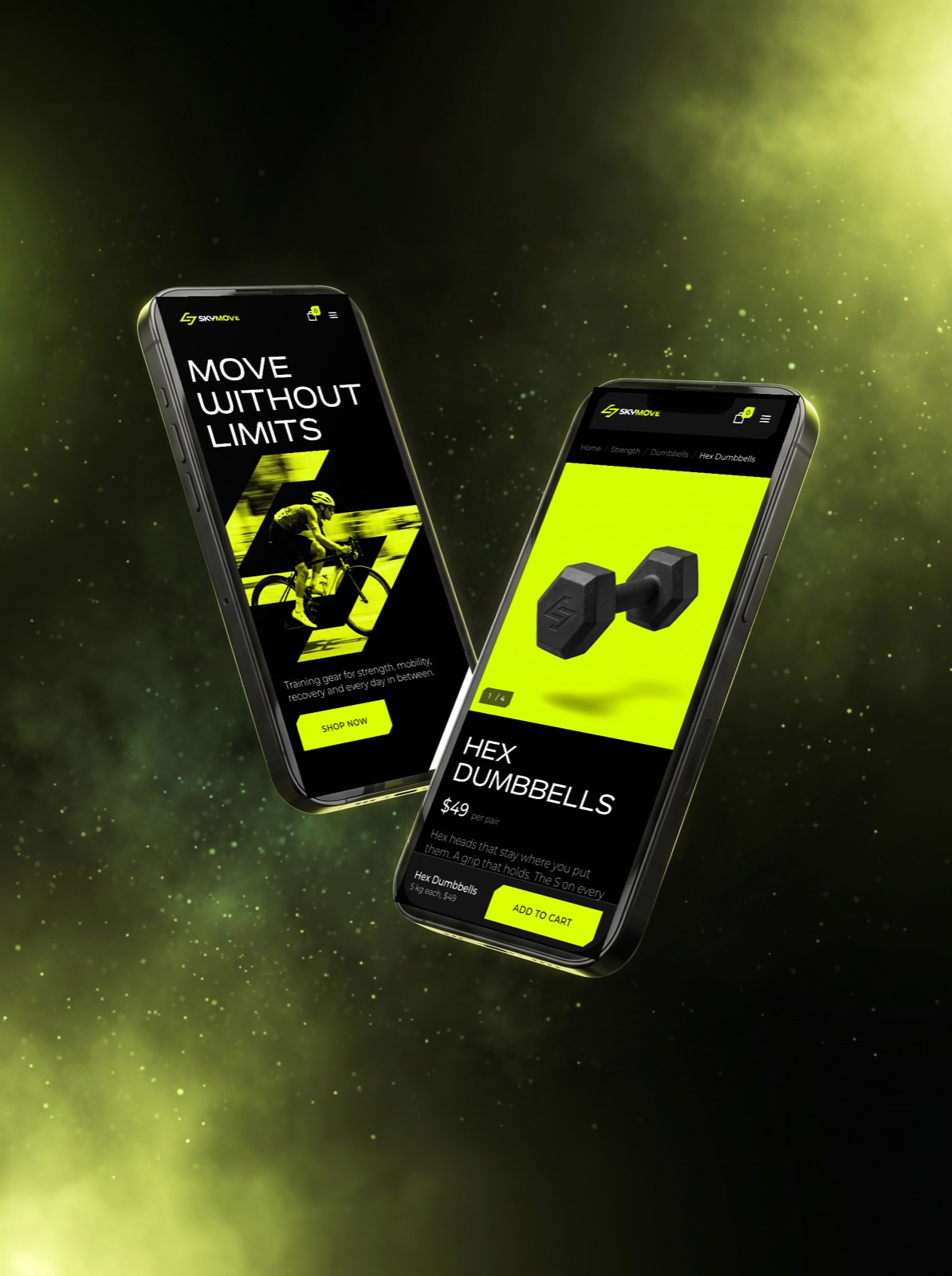 The store on two phones: the hero and the Hex Dumbbells page