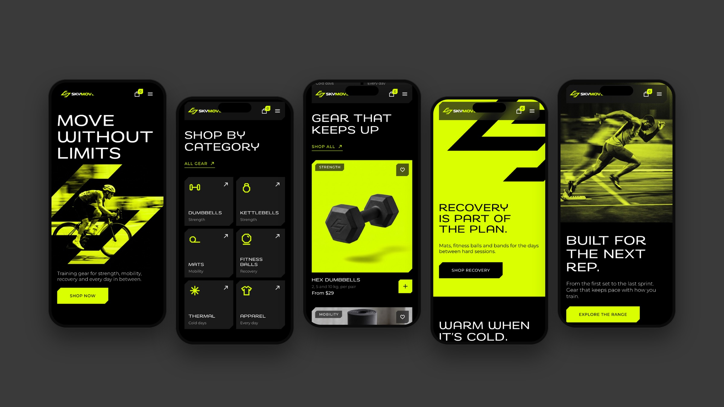 Five phone screens of the home page: the hero, the categories, the bestsellers, recovery and the campaign