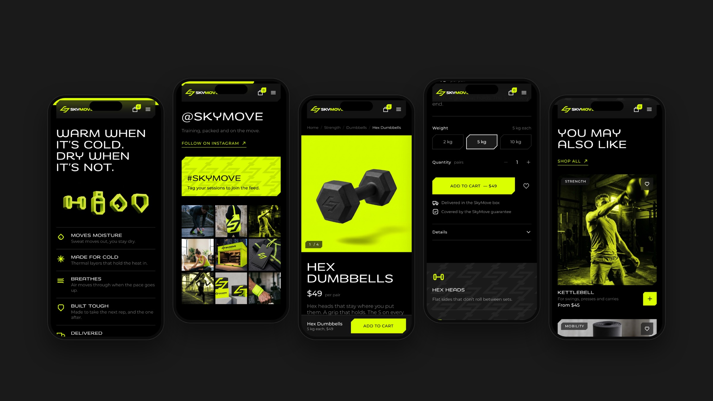 Five phone screens: the properties, Instagram, the product page, choosing a weight, more gear