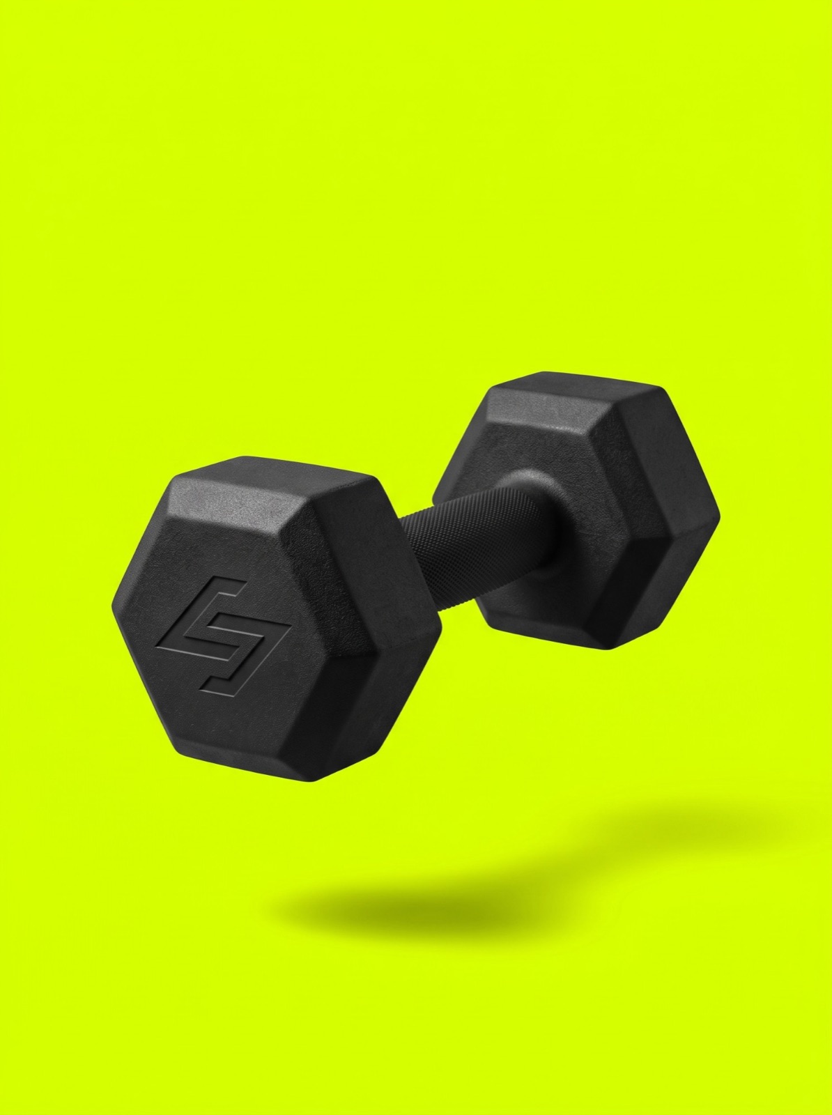 A post: one black hex dumbbell floating on lime