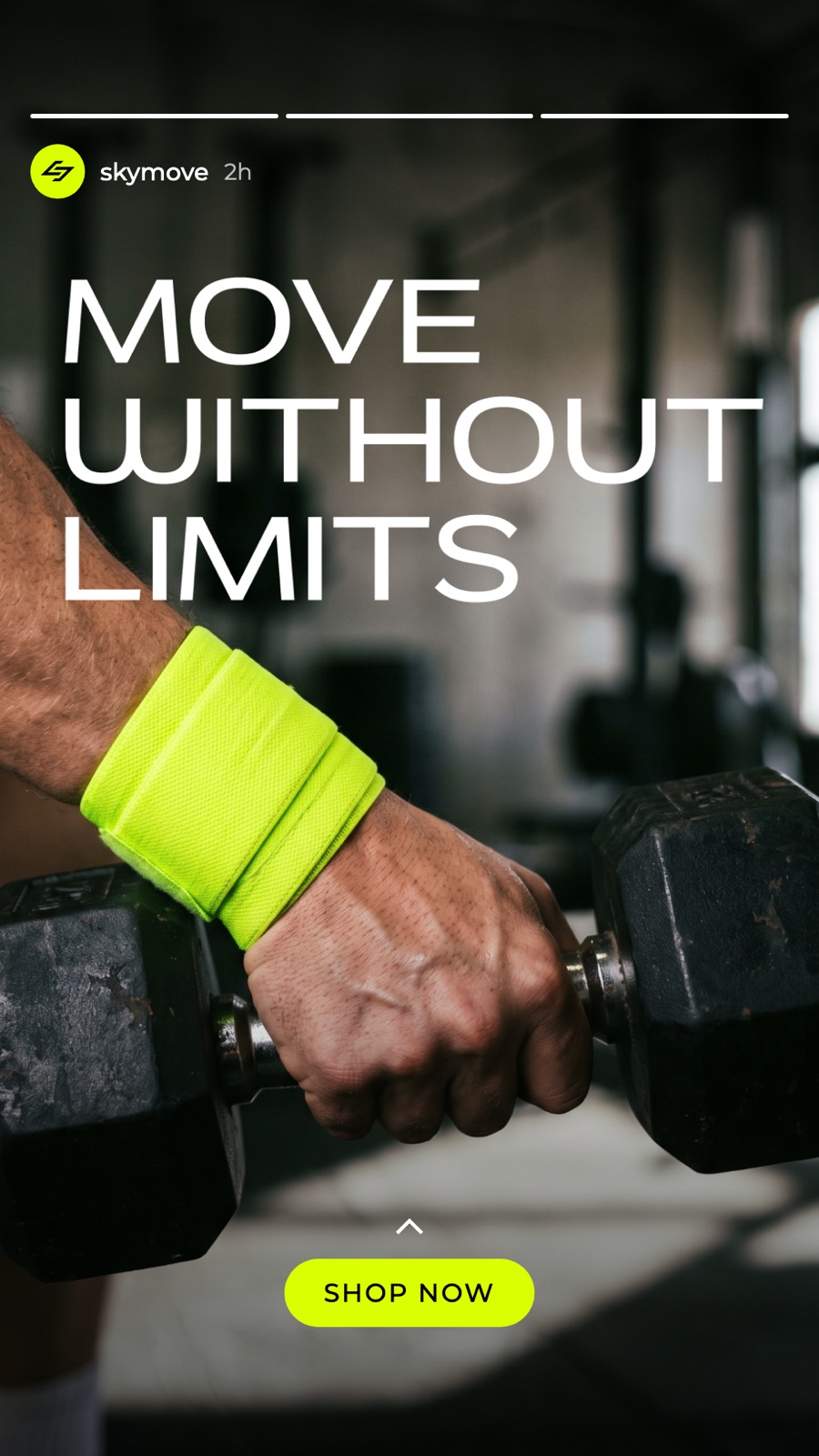 A story: a hand gripping a dumbbell, Move without limits