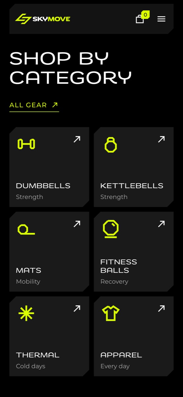 The SkyMove store on a phone: The categories