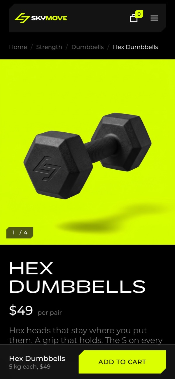 The SkyMove store on a phone: The Hex Dumbbells page