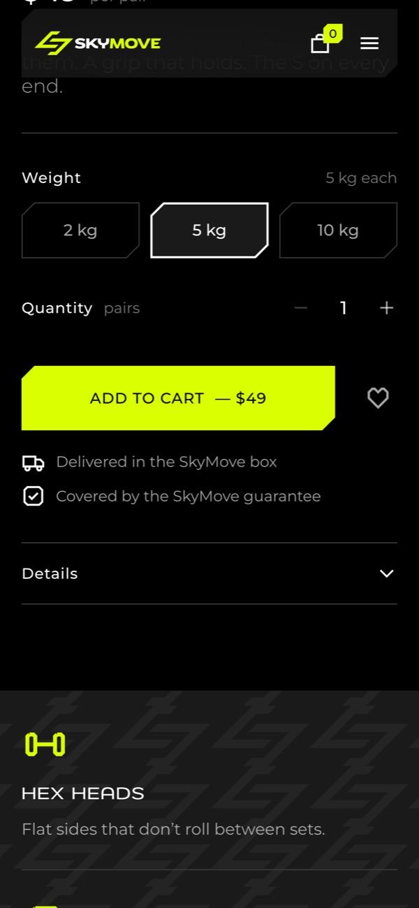 The SkyMove store on a phone: Choosing a weight
