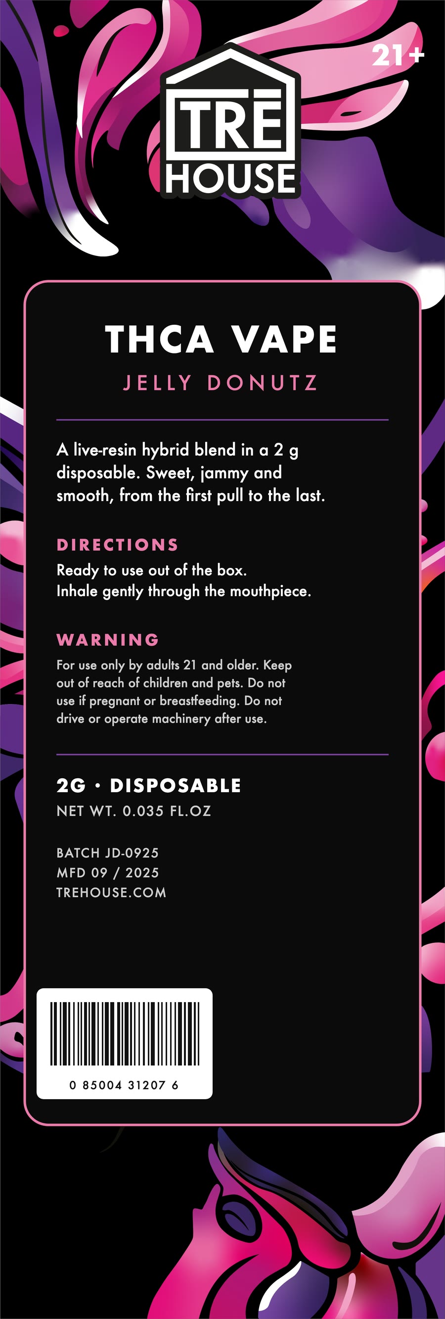 The back of the pouch, flat: the description, directions, warning and barcode on a dark panel