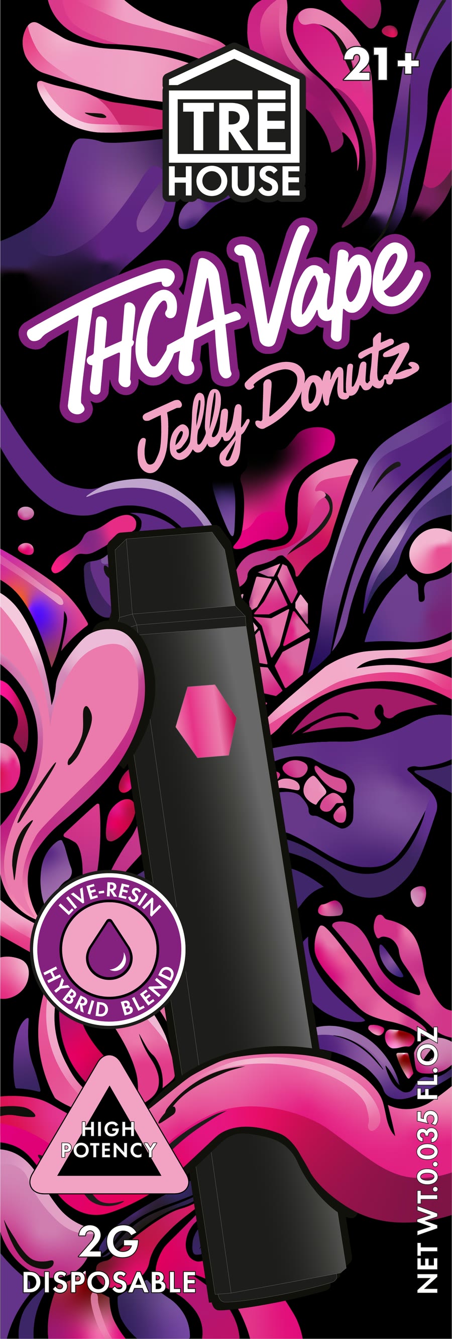 The front of the pouch, flat: TRĒ House, THCA Vape, Jelly Donutz, the device in the illustration