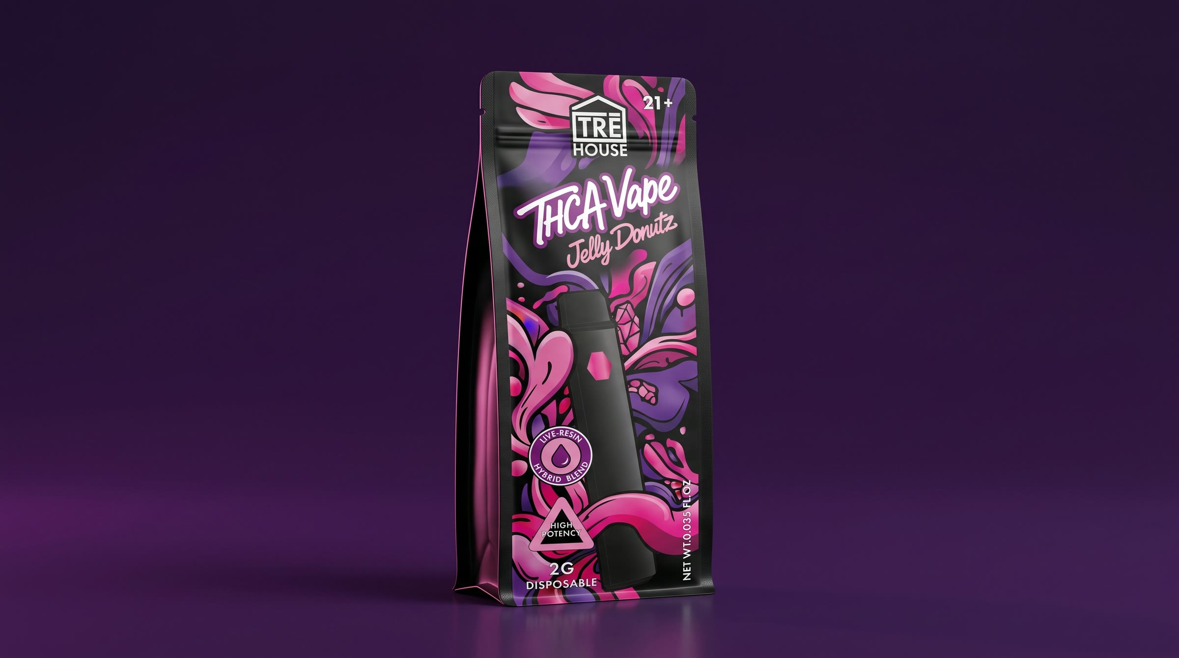 TRĒ House packaging, the Jelly Donutz pouch on deep violet
