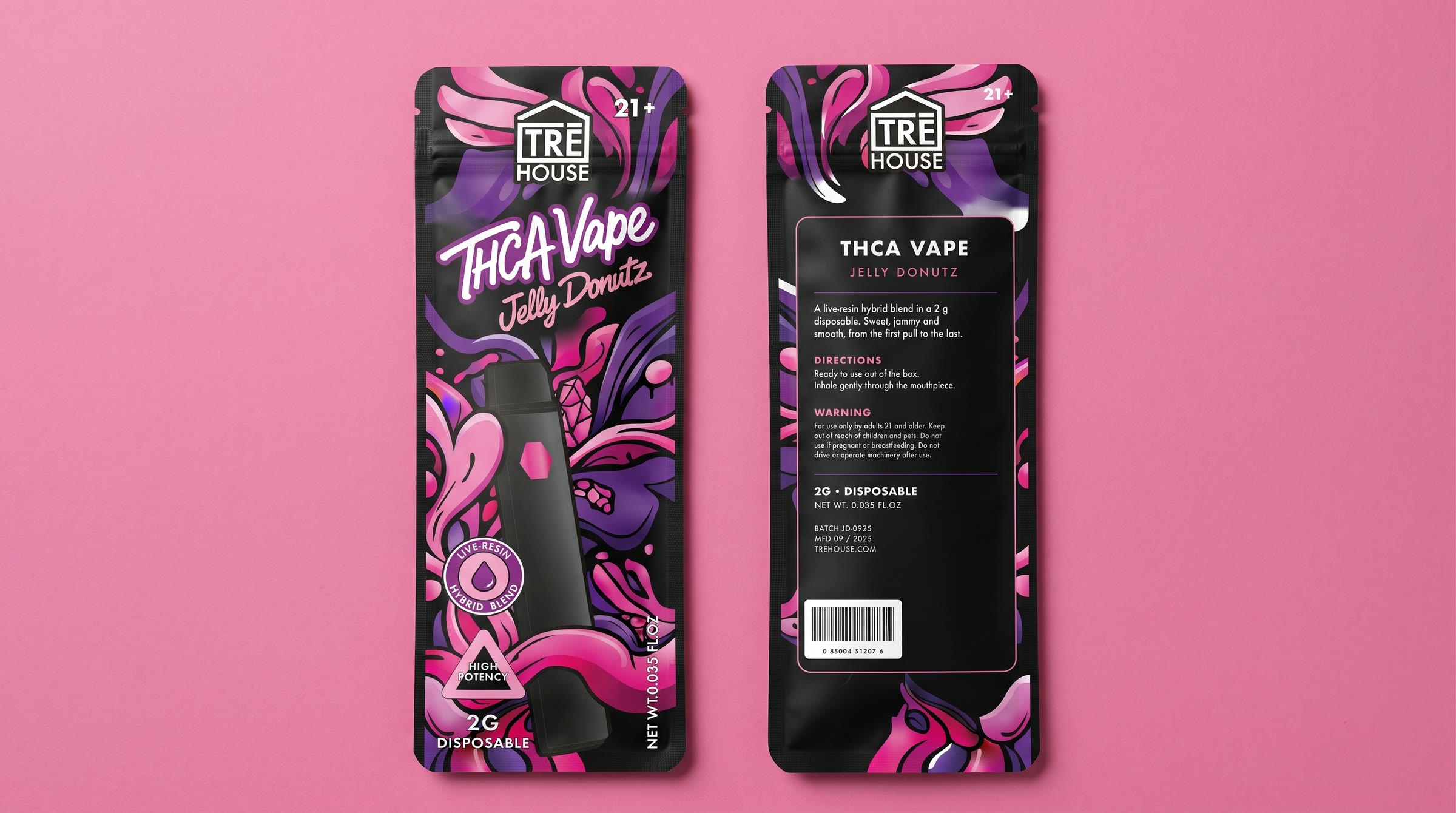 The front and the back of the pouch side by side on pink