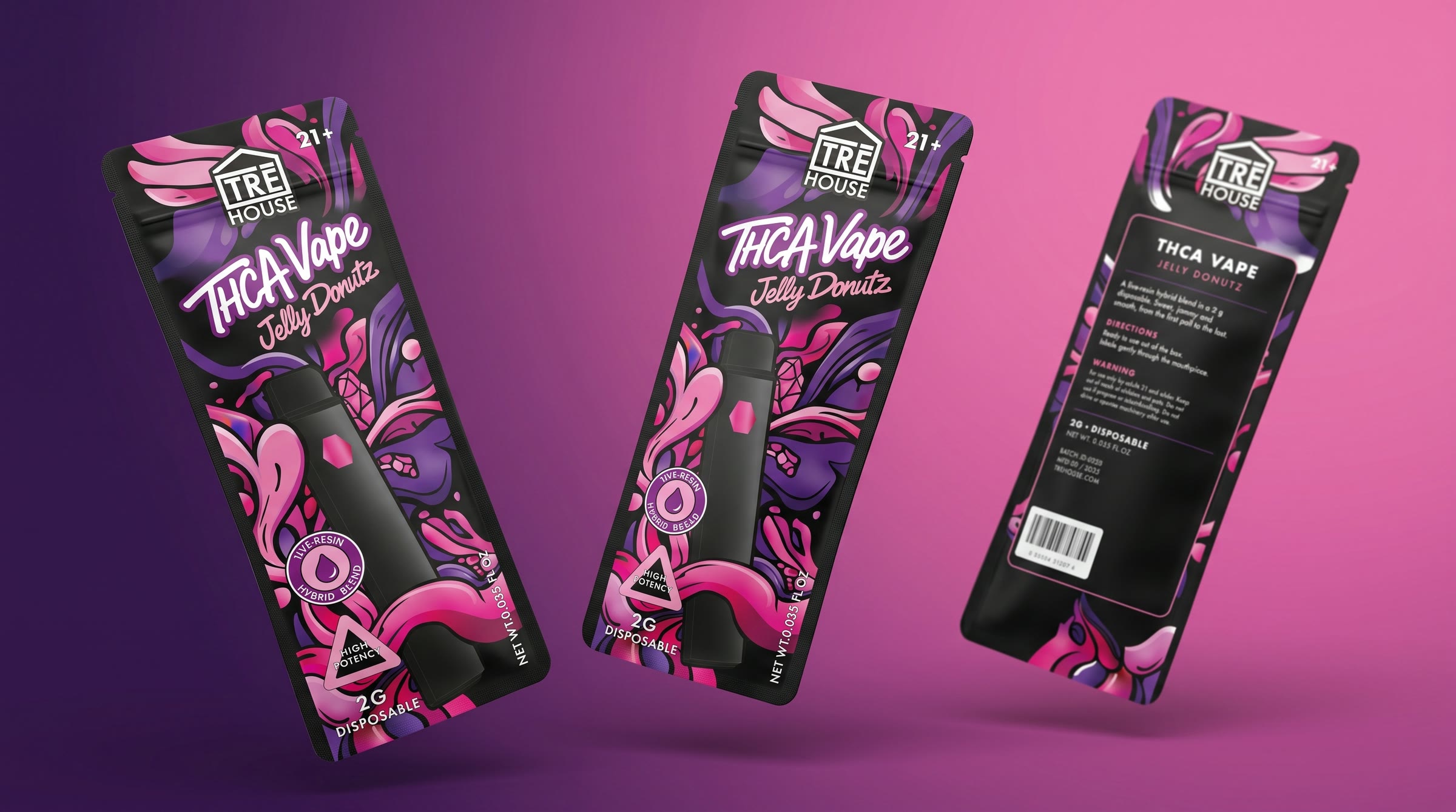 Three pouches floating at an angle over a pink and violet ground