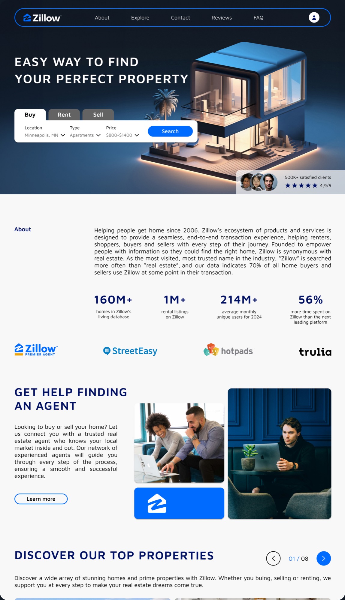 The redesigned home page: a search on the hero, about, agents