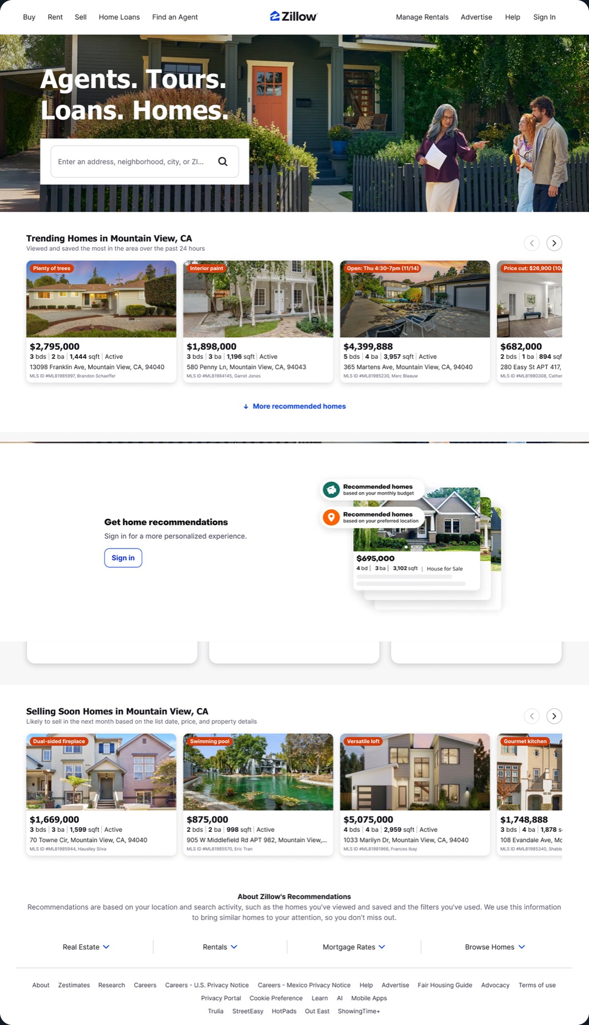 The Zillow home page before: a busy search hero and rows of listing cards