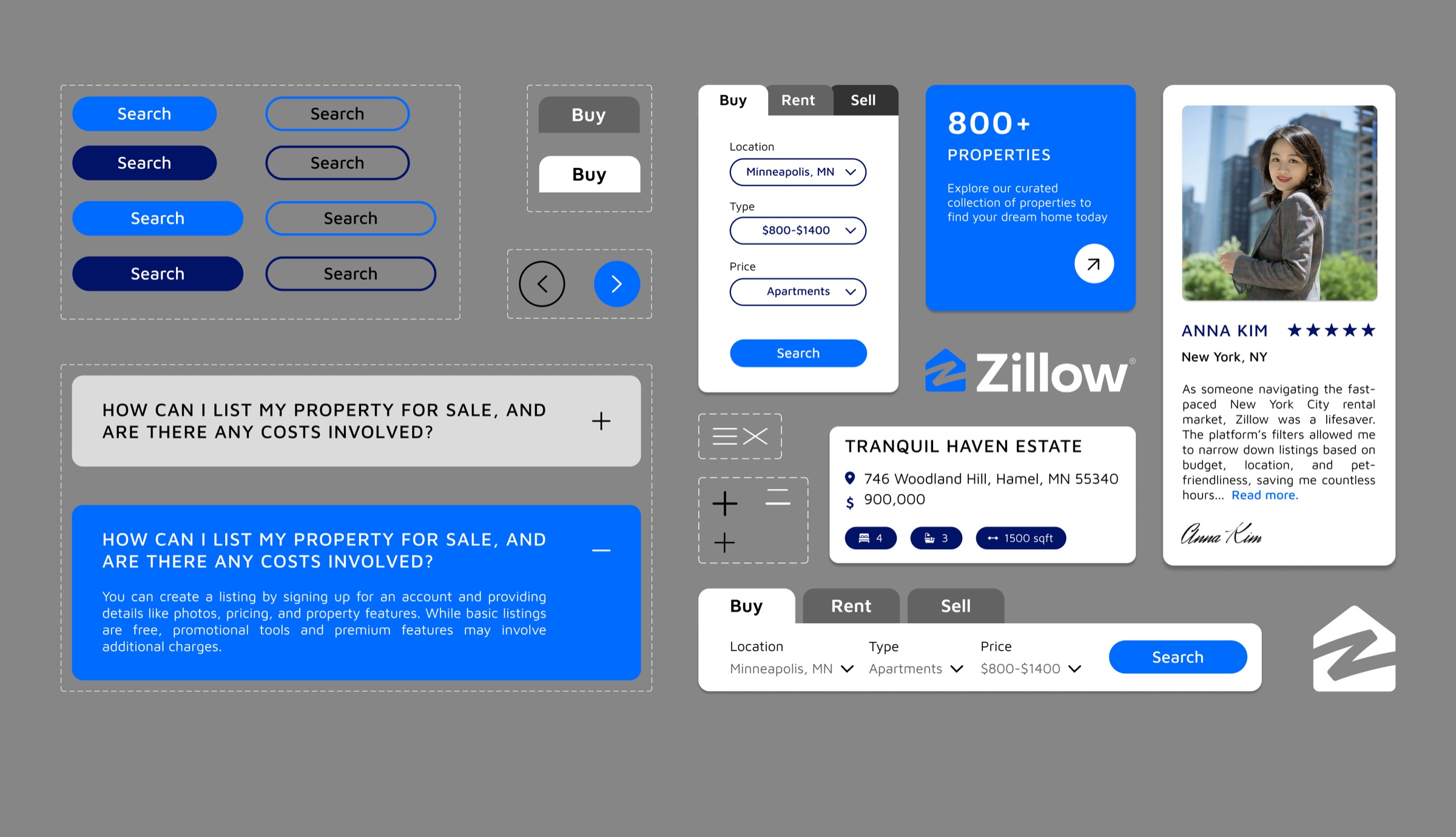 The UI kit: search buttons, tabs, arrows, question cards, the property card and the testimonial