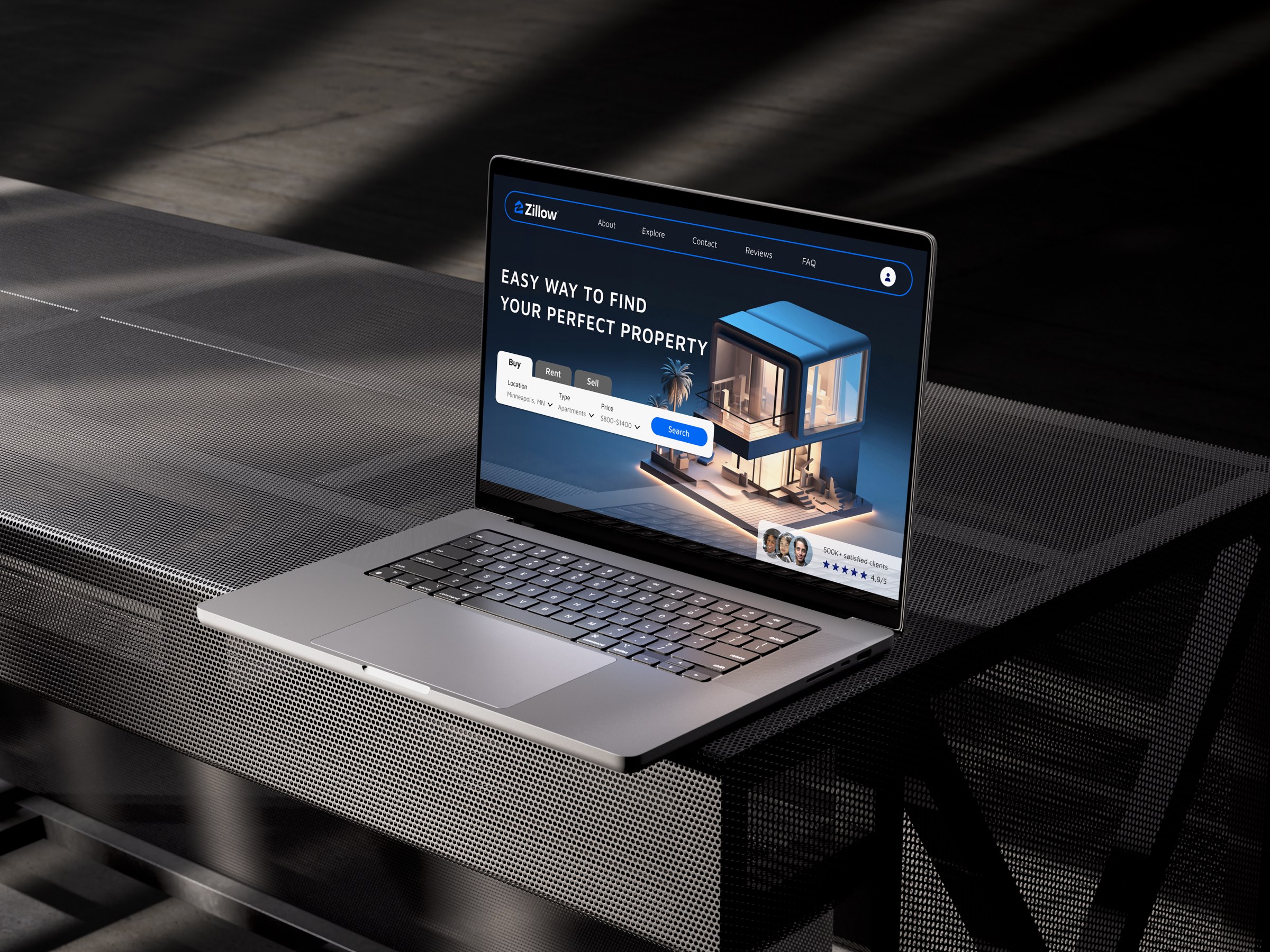 The redesigned Zillow home page on a laptop on a perforated metal desk: Easy way to find your perfect property