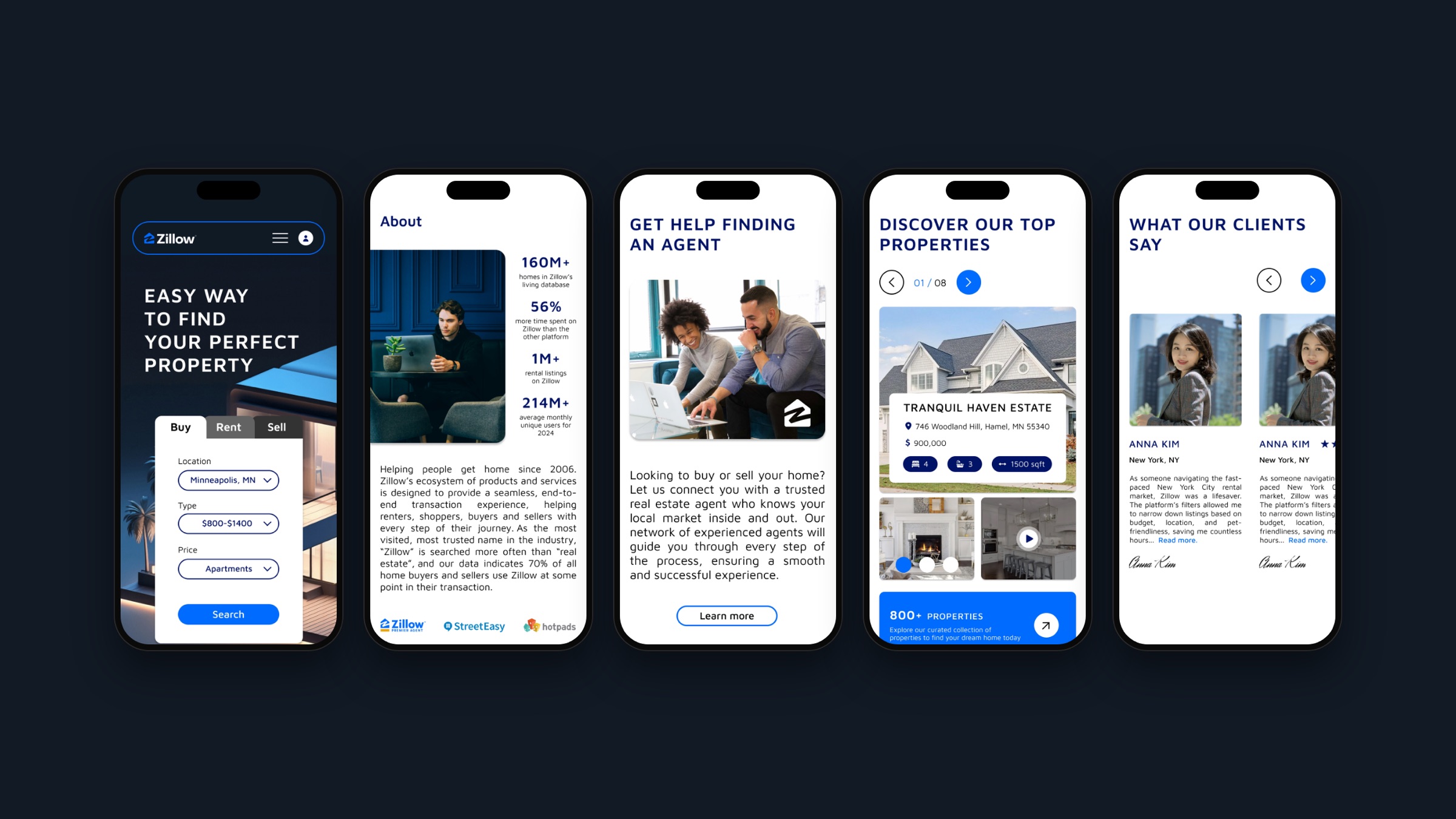 Five phone screens: the hero, about, agents, properties and what clients say